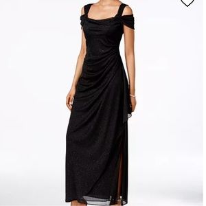 Cold shoulder shimmering metallic black gown